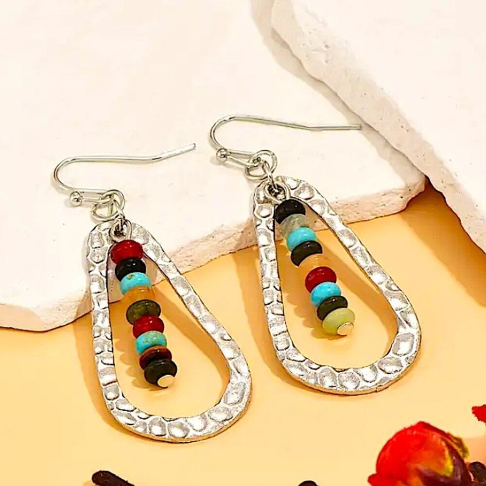 Handmade Boho Beaded Multicolor Earrings Silver Dangle Vintage